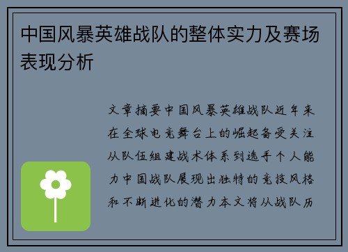 中国风暴英雄战队的整体实力及赛场表现分析